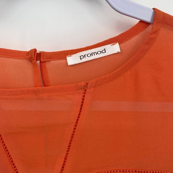 Promod Round Mesh Neck Short Sleeve Blouse Orange Women's Size 6 - Picture 4 of 9